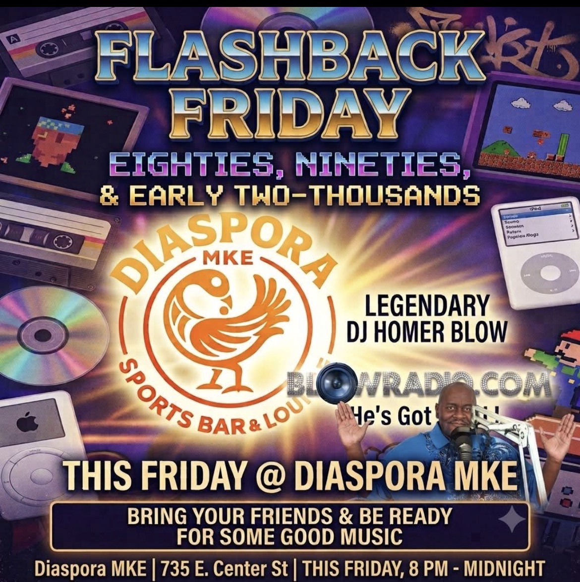 Flashback Friday event flyer featuring DJ Homer Blow at Diaspora MKE