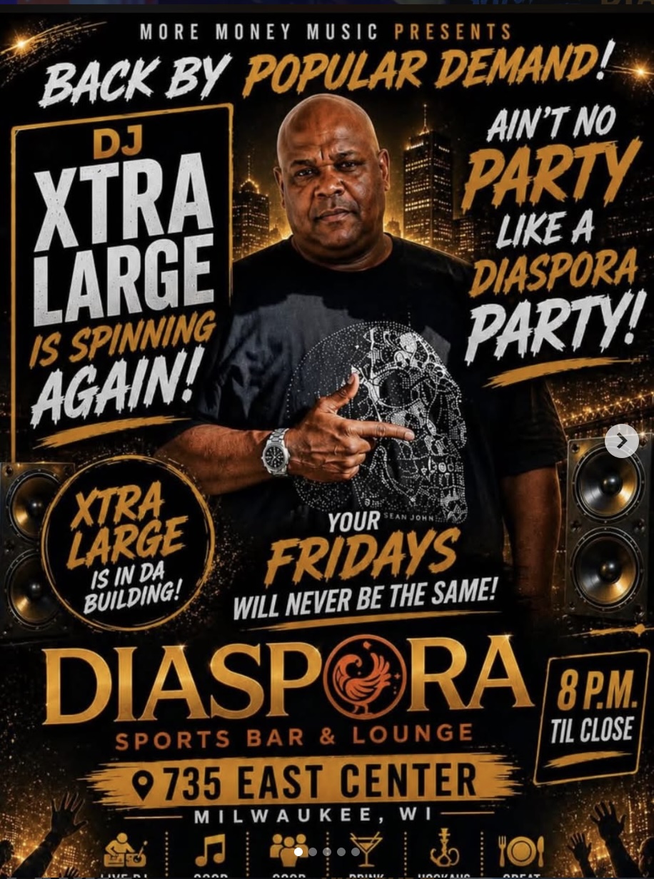 DJ Xtra Large Friday event flyer for Diaspora Sports Bar and Lounge