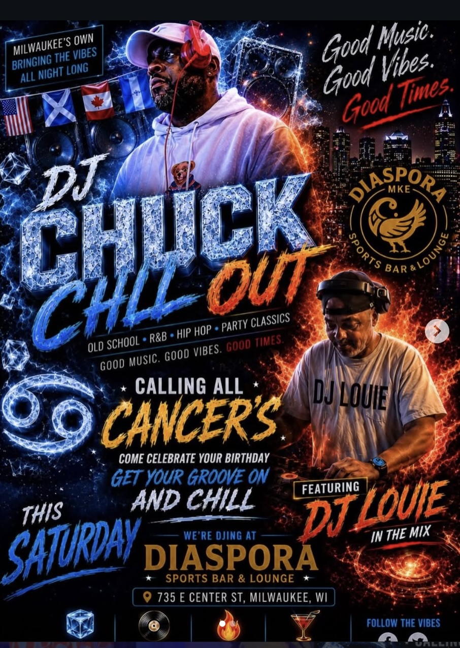 Chuck Chill Out Saturday event flyer featuring DJ Louie at Diaspora